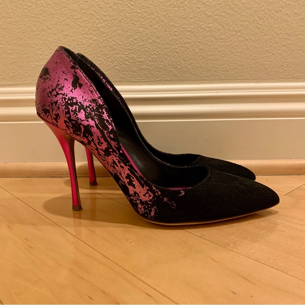 Rupert Sanderson Black Suede Fuchsia Metallic Degrade Heels 40